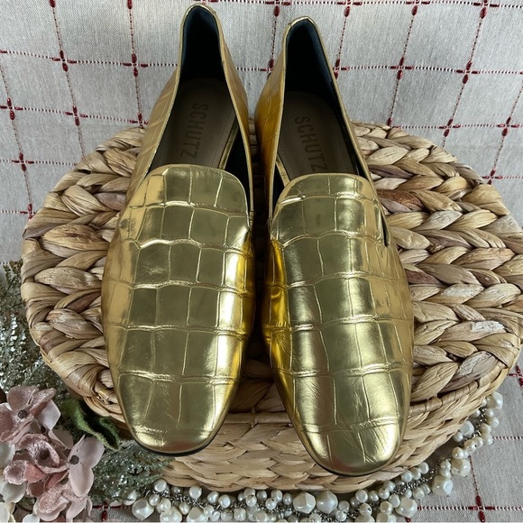 SCHUTZ “Flor” Metallic Gold Leather Crocodile Embossed Loafer Flats Size 6 New - Picture 3 of 8